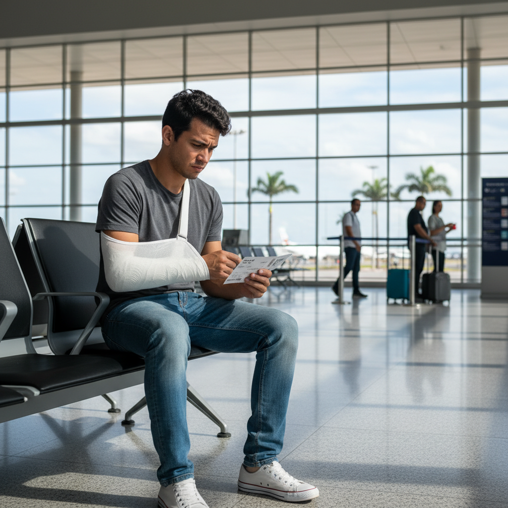 Pessoa com braco engessado sentada em aeroporto esperando embarque
